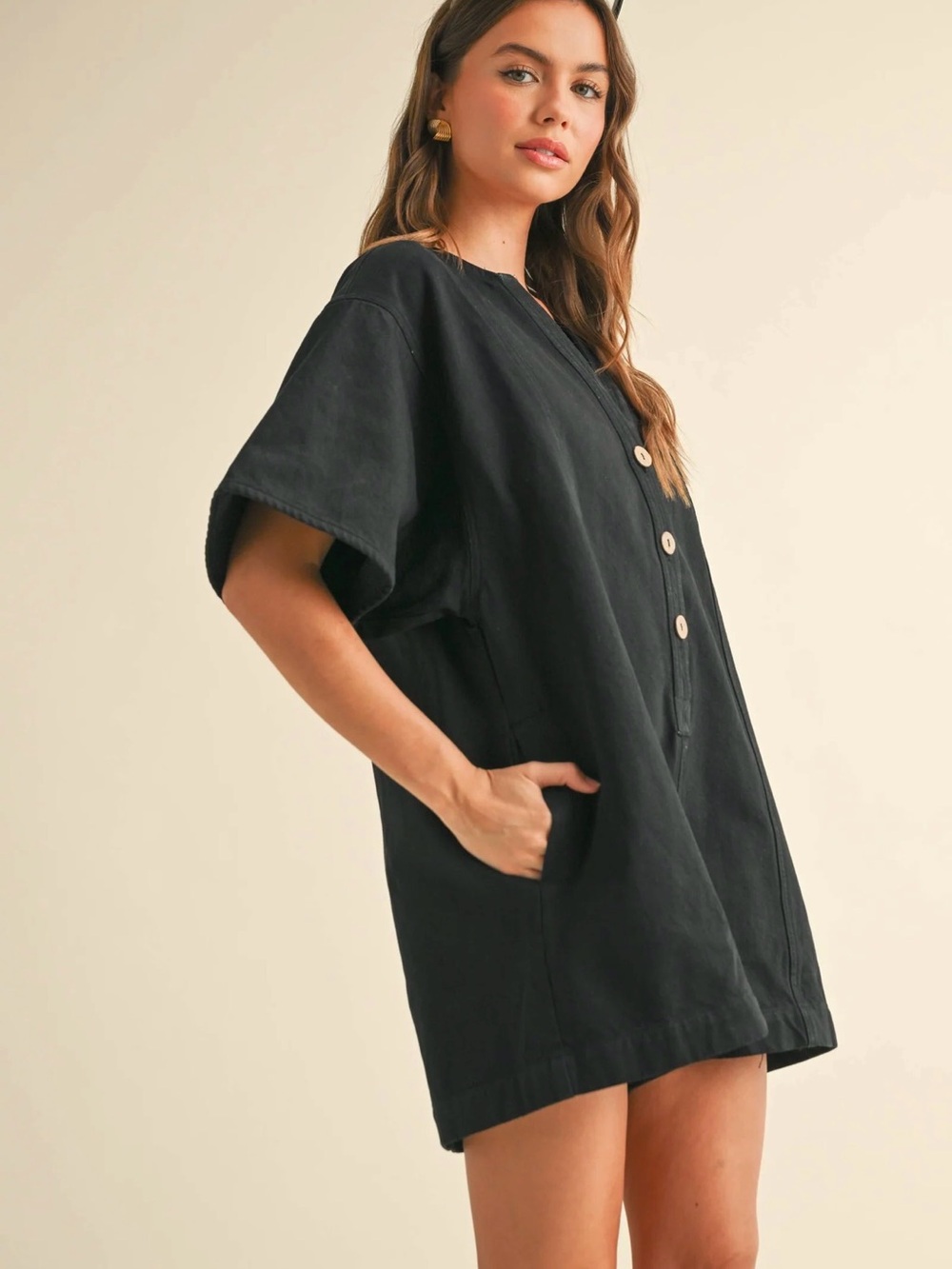 Casual Black Short Sleeve Romper with Button Placket - Picture 3 of 4